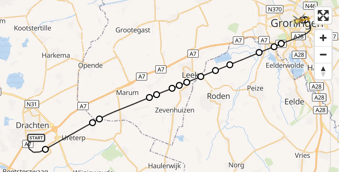Vluchtroute Traumahelikopter Drachten - Universitair Medisch Centrum Groningen, 09 september 2026, 20:42