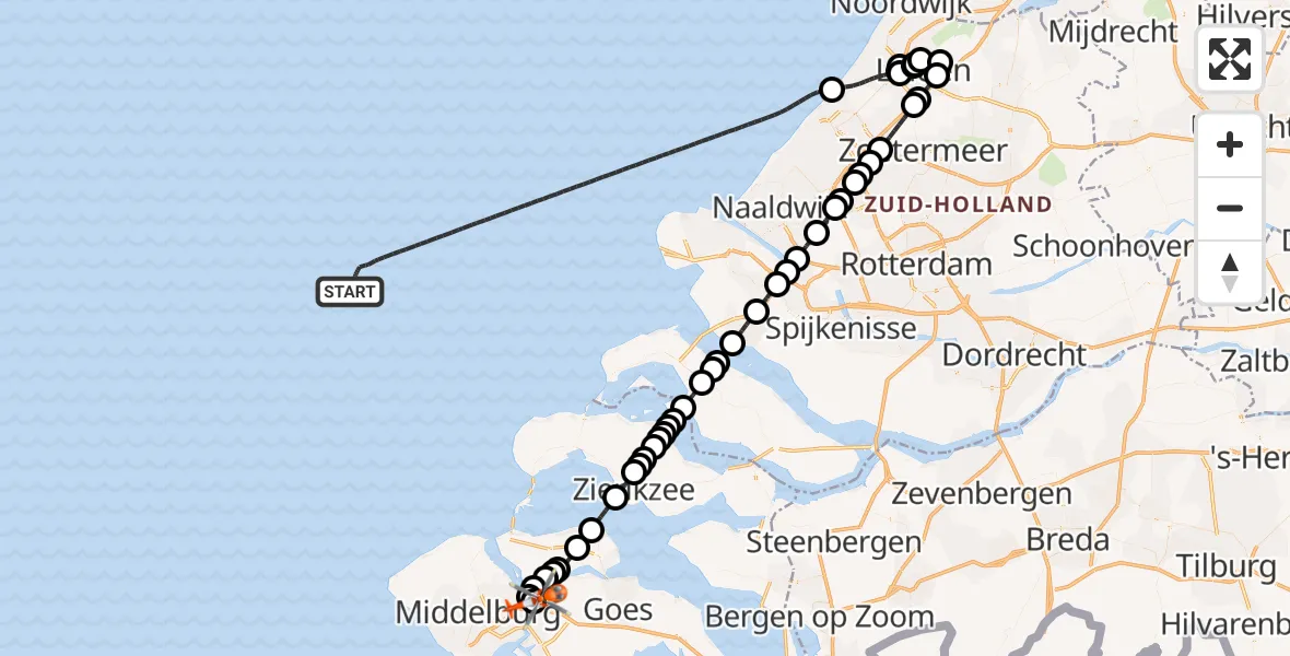 Vluchtroute Kustwachthelikopter Noordzee - Vliegveld Midden-Zeeland, 09 september 2026, 20:55