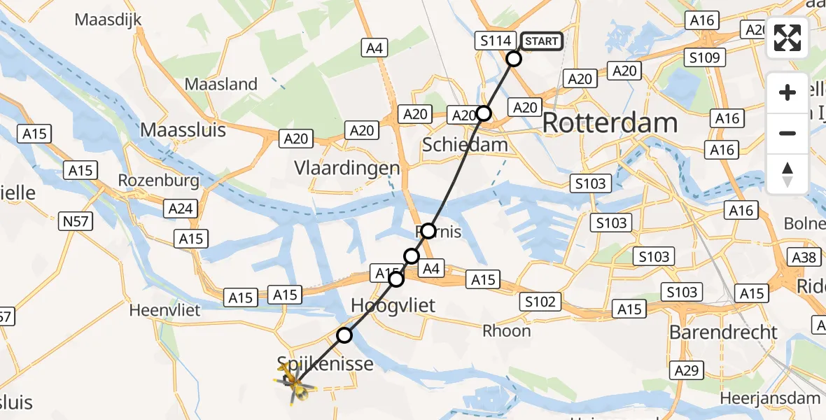Vluchtroute Traumahelikopter Rotterdam The Hague Airport - Spijkenisse, 09 september 2026, 21:22