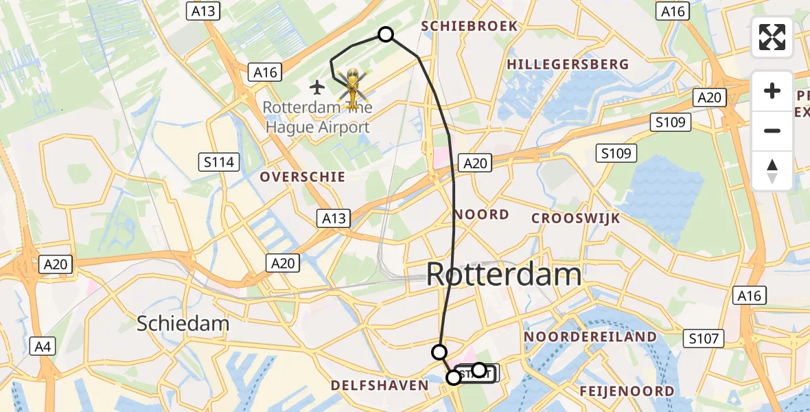 Vluchtroute Traumahelikopter Erasmus MC - Rotterdam The Hague Airport, 09 september 2026, 22:28
