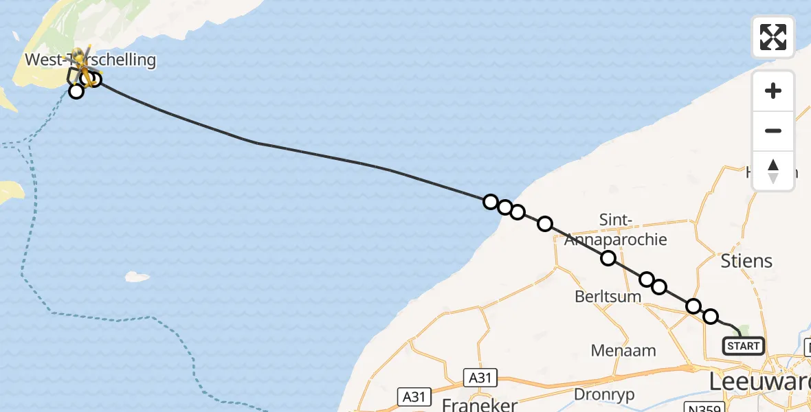 Vluchtroute Ambulancehelikopter Vliegbasis Leeuwarden - West-Terschelling, 09 september 2026, 23:33