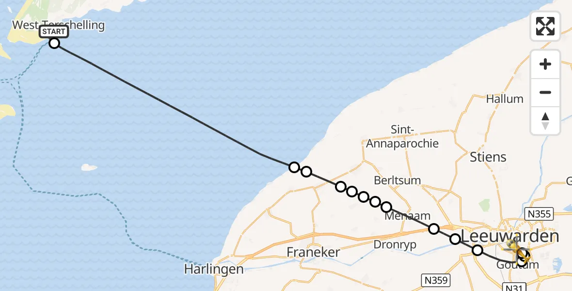 Vluchtroute Ambulancehelikopter West-Terschelling - Leeuwarden Medical Center Heliport, 10 september 2026, 00:19