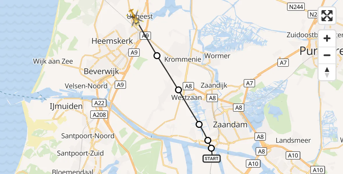 Vluchtroute Traumahelikopter Amsterdam Heliport - Uitgeest, 10 september 2026, 04:43