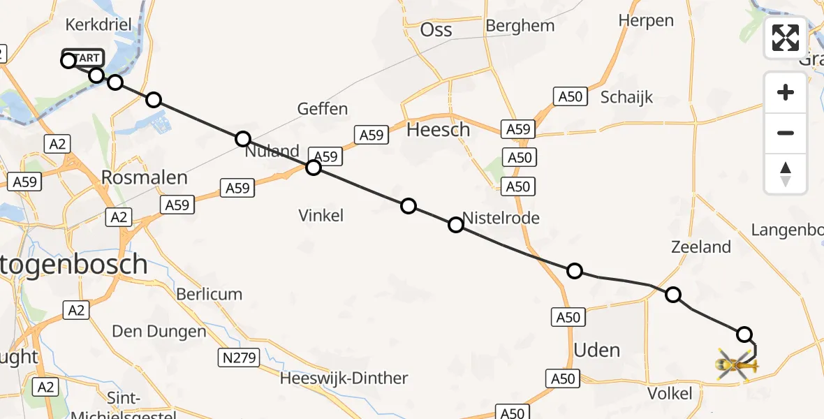 Vluchtroute Traumahelikopter Kerkdriel - Vliegbasis Volkel, 10 september 2026, 06:39