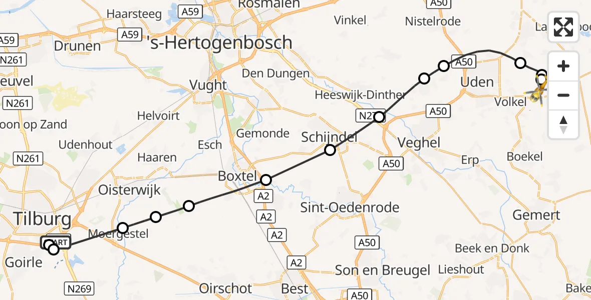 Vluchtroute Traumahelikopter St. Elisabeth Hospital Heliport - Vliegbasis Volkel, 10 september 2026, 08:06