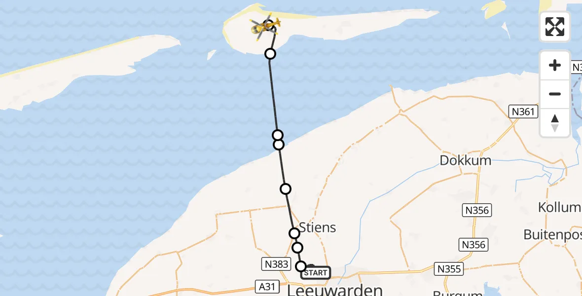 Vluchtroute Ambulancehelikopter Vliegbasis Leeuwarden - Ameland Vliegveld Ballum, 10 september 2026, 11:24