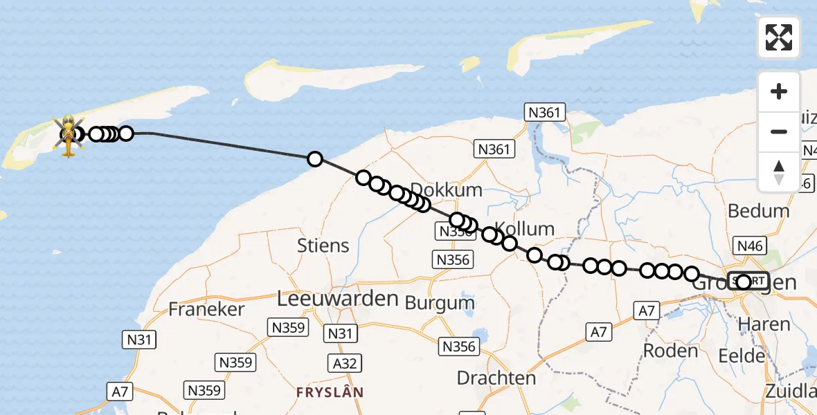 Vluchtroute Ambulancehelikopter Universitair Medisch Centrum Groningen - Terschelling Heliport, 10 september 2026, 12:43