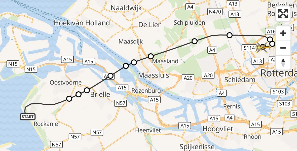 Vluchtroute Traumahelikopter Rockanje - Rotterdam The Hague Airport, 10 september 2026, 12:48