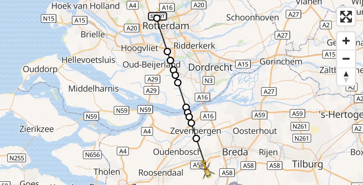 Vluchtroute Traumahelikopter Rotterdam The Hague Airport - Etten-Leur, 10 september 2026, 14:21