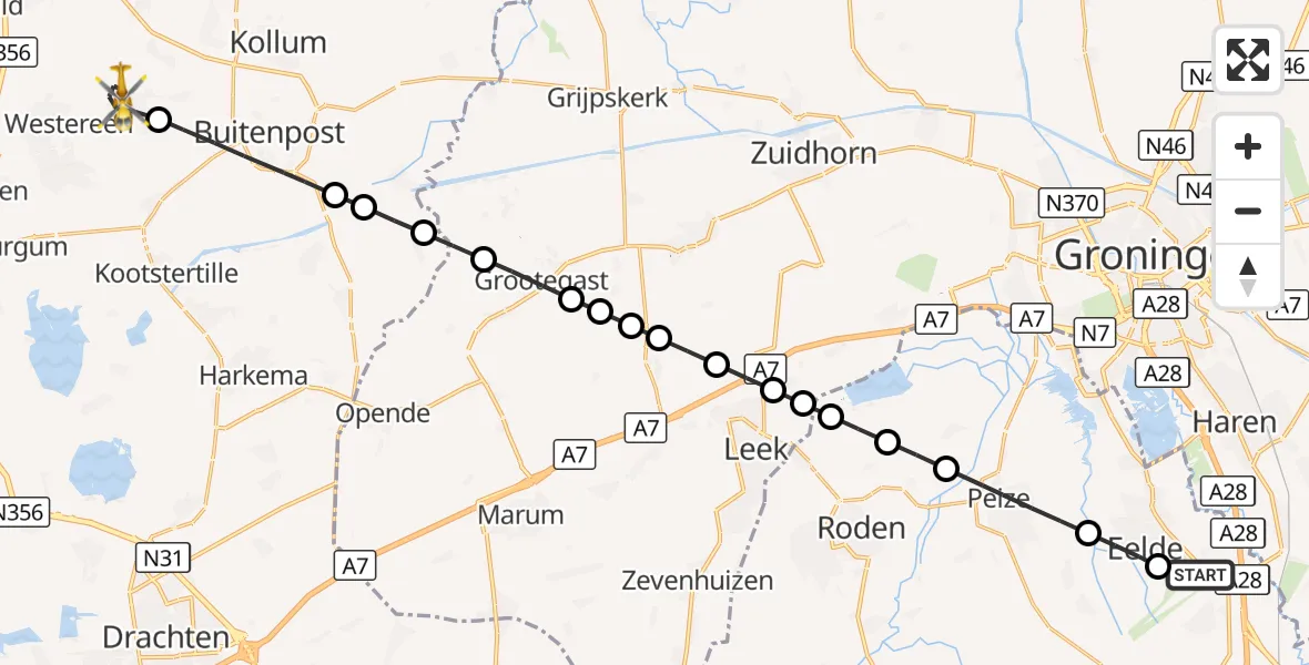 Vluchtroute Traumahelikopter Groningen Airport Eelde - Kollumersweach, 10 september 2026, 14:52