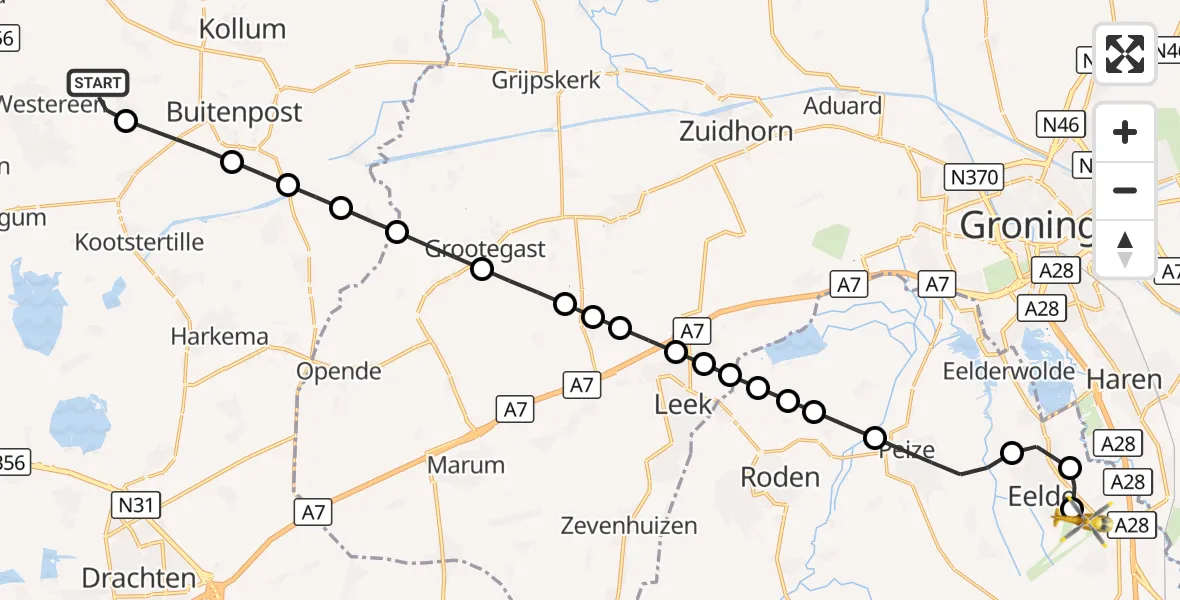 Vluchtroute Traumahelikopter Kollumersweach - Groningen Airport Eelde, 10 september 2026, 15:18