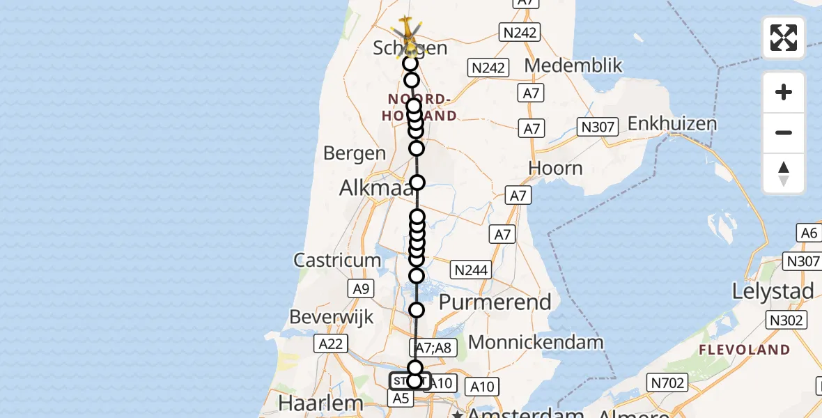 Vluchtroute Traumahelikopter Amsterdam Heliport - Schagen, 10 september 2026, 16:17