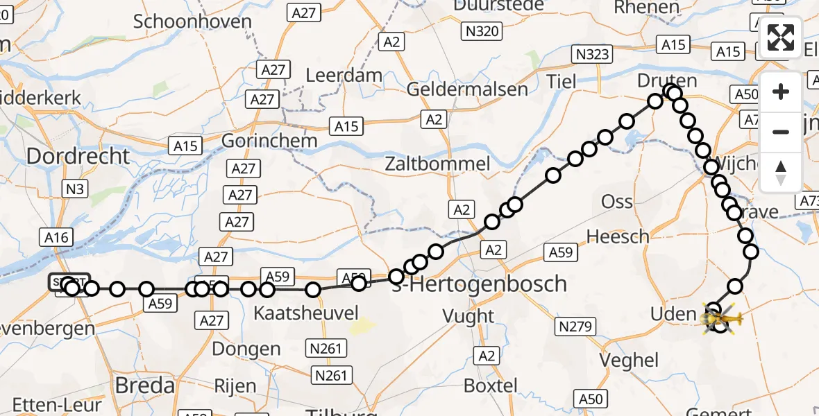 Vluchtroute Traumahelikopter Zevenbergschen Hoek - Vliegbasis Volkel, 11 september 2026, 12:11