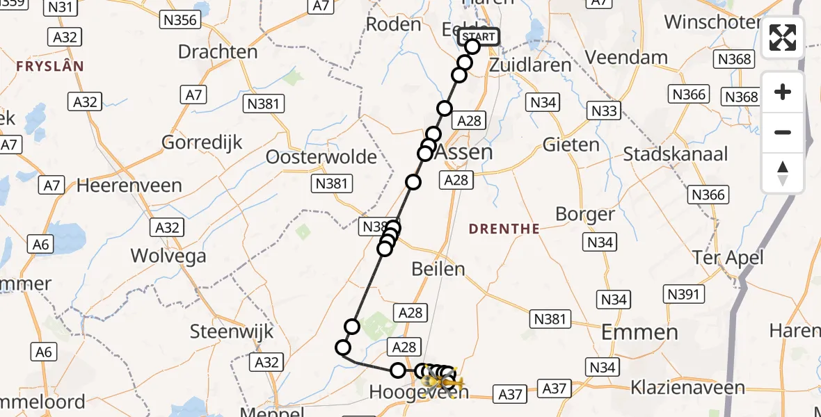 Vluchtroute Traumahelikopter Groningen Airport Eelde - Vliegveld Hoogeveen, 12 september 2026, 13:29