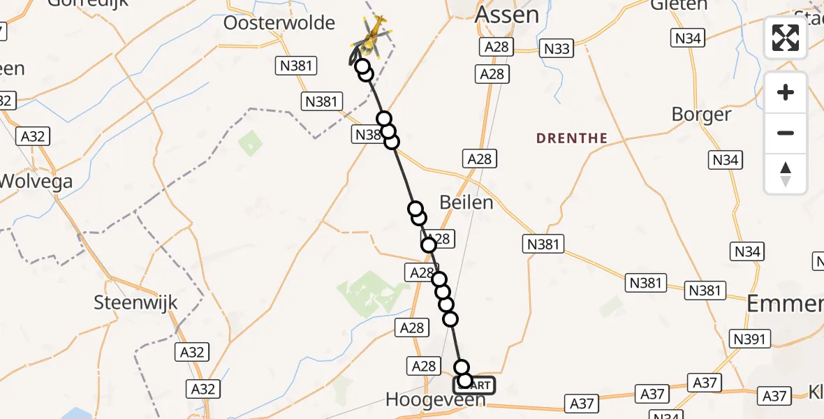 Vluchtroute Traumahelikopter Vliegveld Hoogeveen - Ravenswoud, 12 september 2026, 13:56