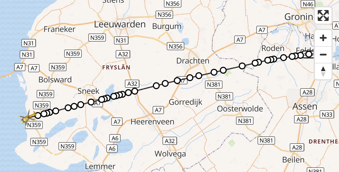 Vluchtroute Traumahelikopter Groningen Airport Eelde - Workum, 12 september 2026, 15:09