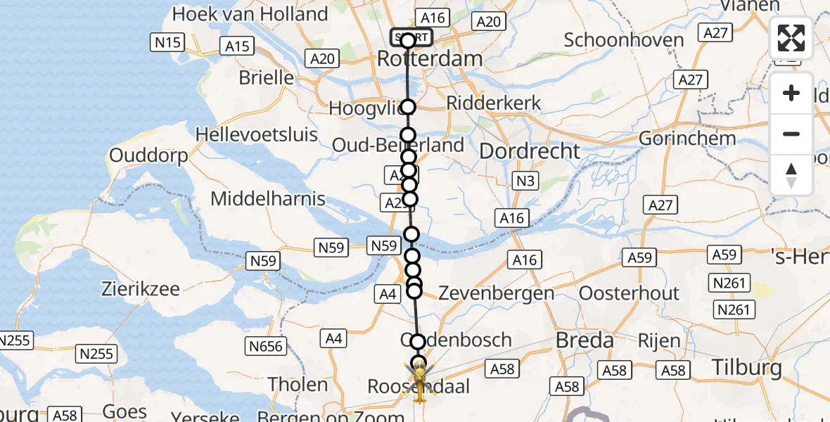 Vluchtroute Traumahelikopter Rotterdam The Hague Airport - Roosendaal, 12 september 2026, 15:48