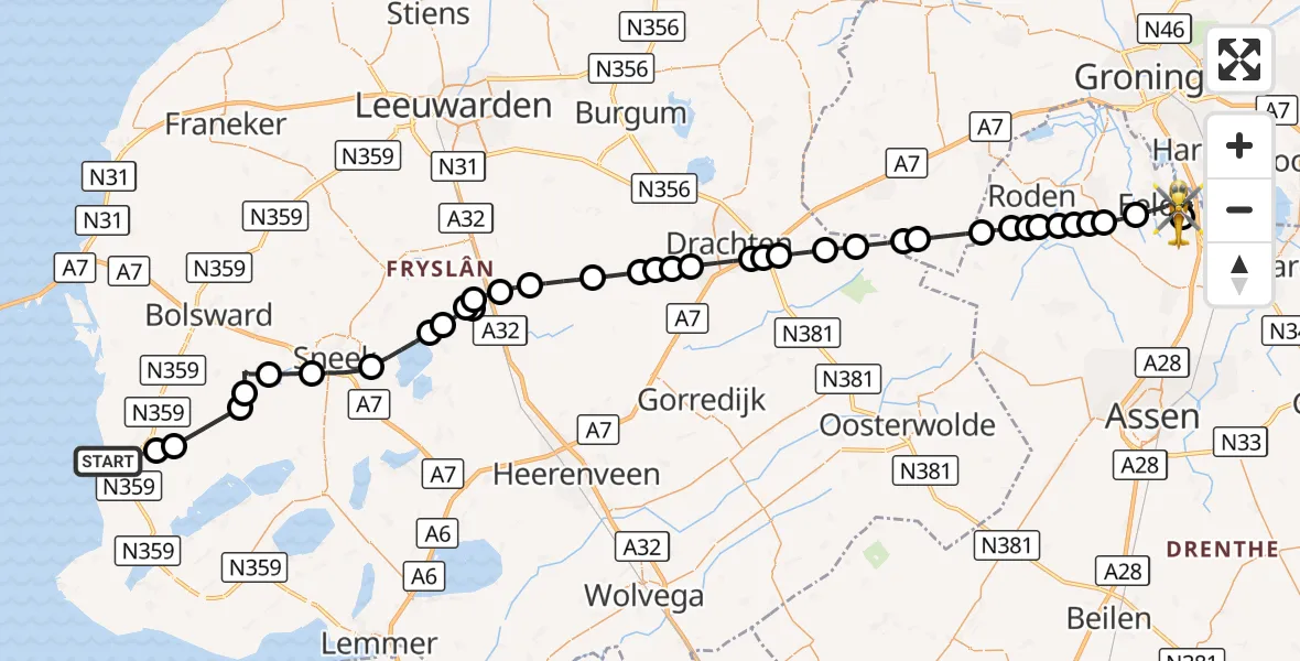 Vluchtroute Traumahelikopter Workum - Groningen Airport Eelde, 12 september 2026, 15:58