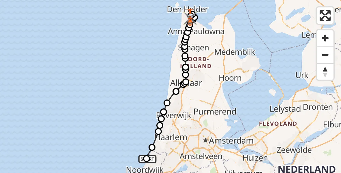 Vluchtroute Kustwachthelikopter Noordwijk - Militair vliegveld De Kooy / Den Helder Airport, 12 september 2026, 16:16
