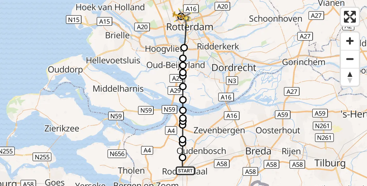 Vluchtroute Traumahelikopter Roosendaal - Rotterdam The Hague Airport, 12 september 2026, 16:52