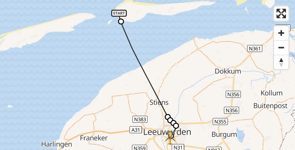 Vluchtroute Ambulancehelikopter Hollum - Leeuwarden Medical Center Heliport, 12 september 2026, 17:12