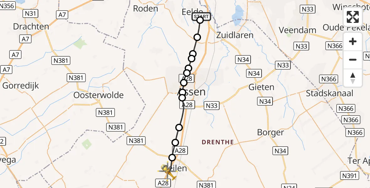 Vluchtroute Traumahelikopter Groningen Airport Eelde - Beilen, 13 september 2026, 07:00