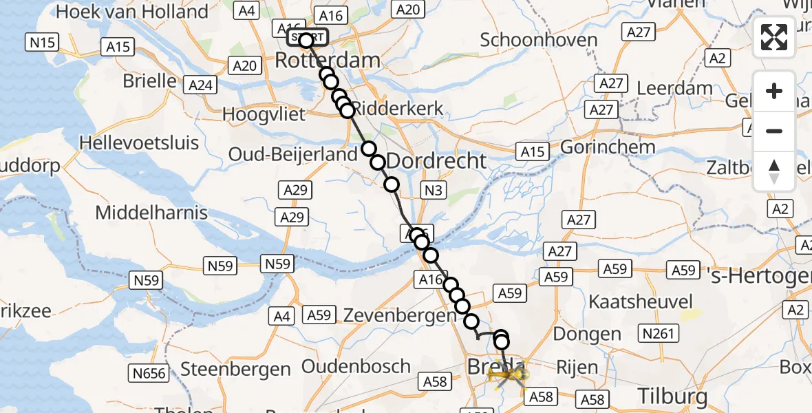 Vluchtroute Traumahelikopter Rotterdam The Hague Airport - Breda, 13 september 2026, 10:16