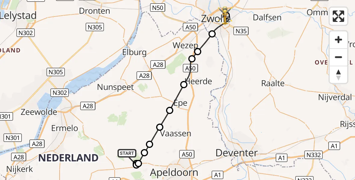 Vluchtroute Traumahelikopter Uddel - Isala Hospital Zwolle Heliport, 13 september 2026, 11:28