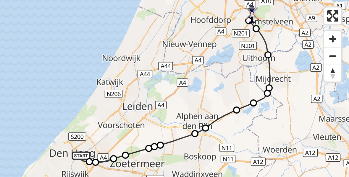 Vluchtroute Politiehelikopter 's-Gravenhage - Amsterdam Vliegveld Schiphol, 13 september 2026, 11:58