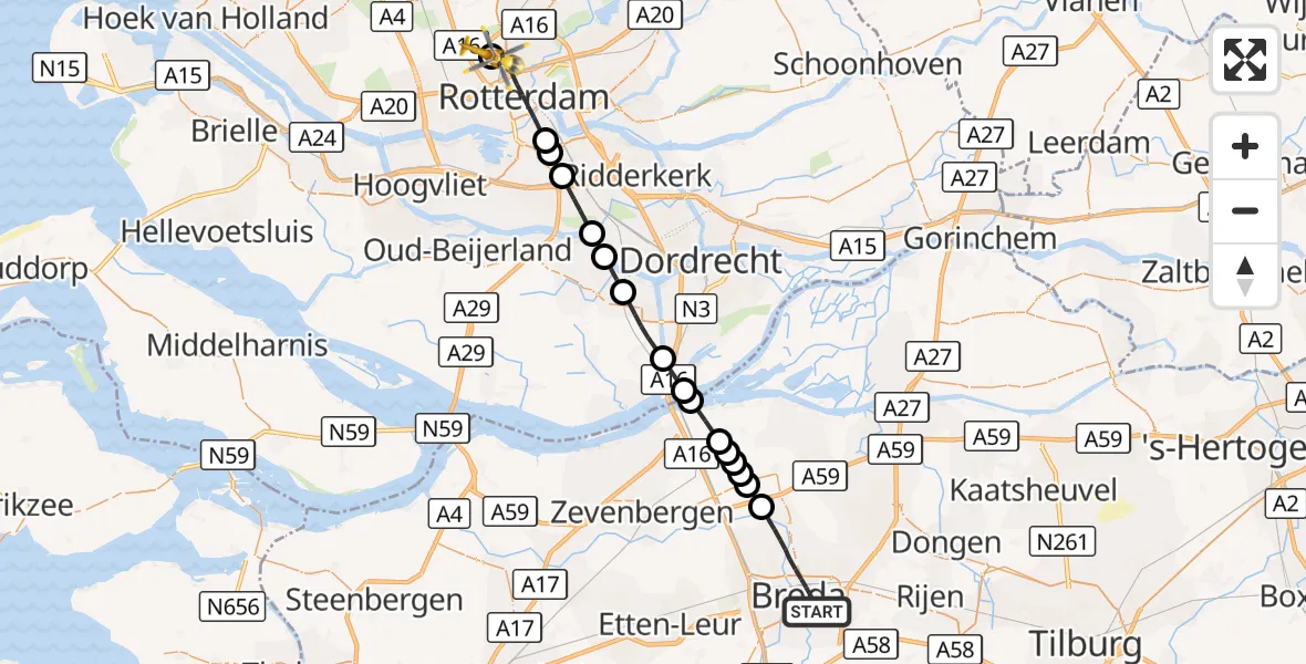 Vluchtroute Traumahelikopter Breda - Rotterdam The Hague Airport, 13 september 2026, 12:31
