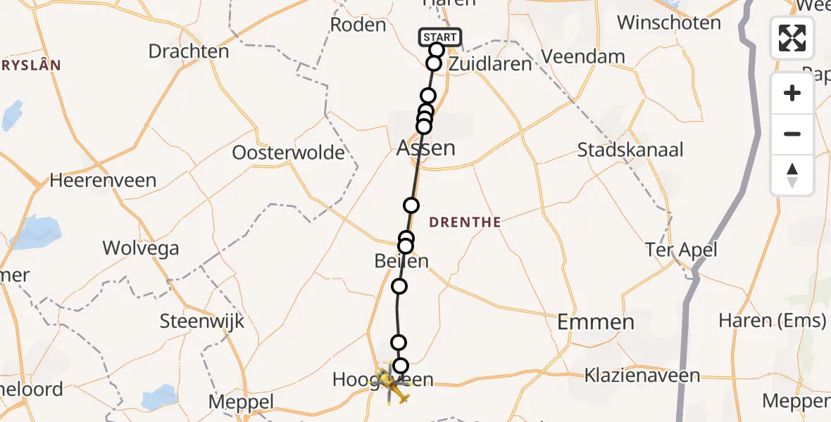 Vluchtroute Traumahelikopter Groningen Airport Eelde - Hoogeveen, 13 september 2026, 14:08