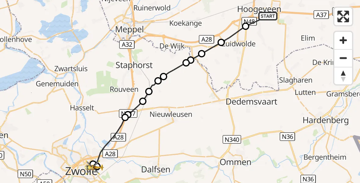 Vluchtroute Traumahelikopter Hoogeveen - Isala Hospital Zwolle Heliport, 13 september 2026, 15:26