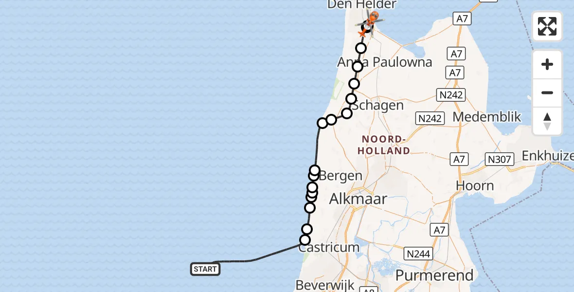 Vluchtroute Kustwachthelikopter Noordzee - Militair vliegveld De Kooy / Den Helder Airport, 13 september 2026, 15:54