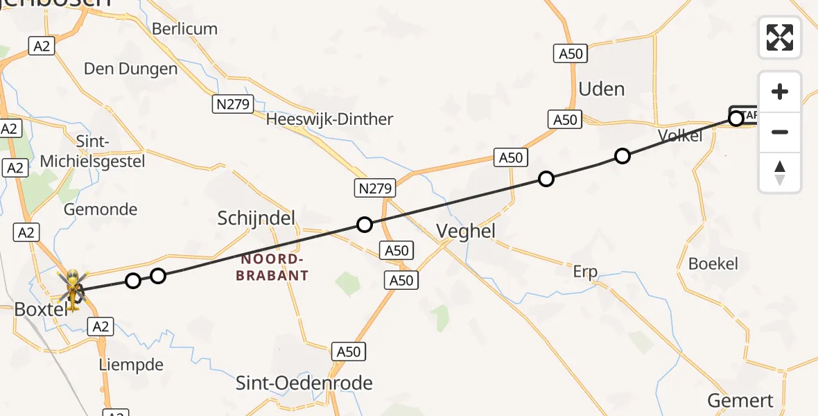 Vluchtroute Traumahelikopter Vliegbasis Volkel - Boxtel, 13 september 2026, 20:09
