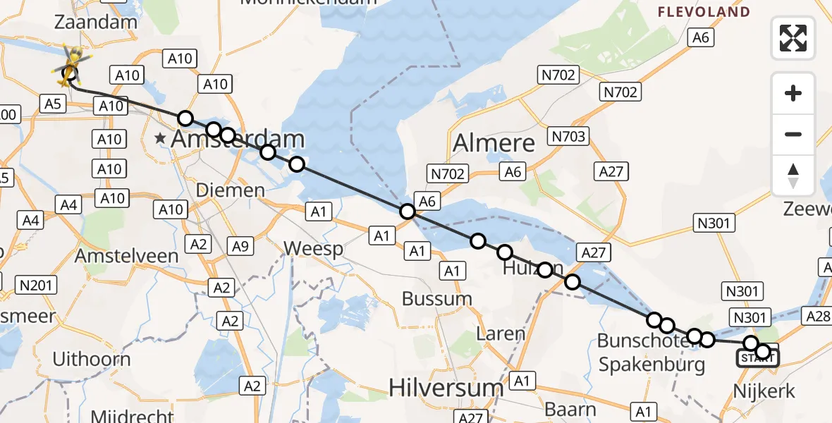 Vluchtroute Traumahelikopter Nijkerk - Amsterdam Heliport, 13 september 2026, 20:50