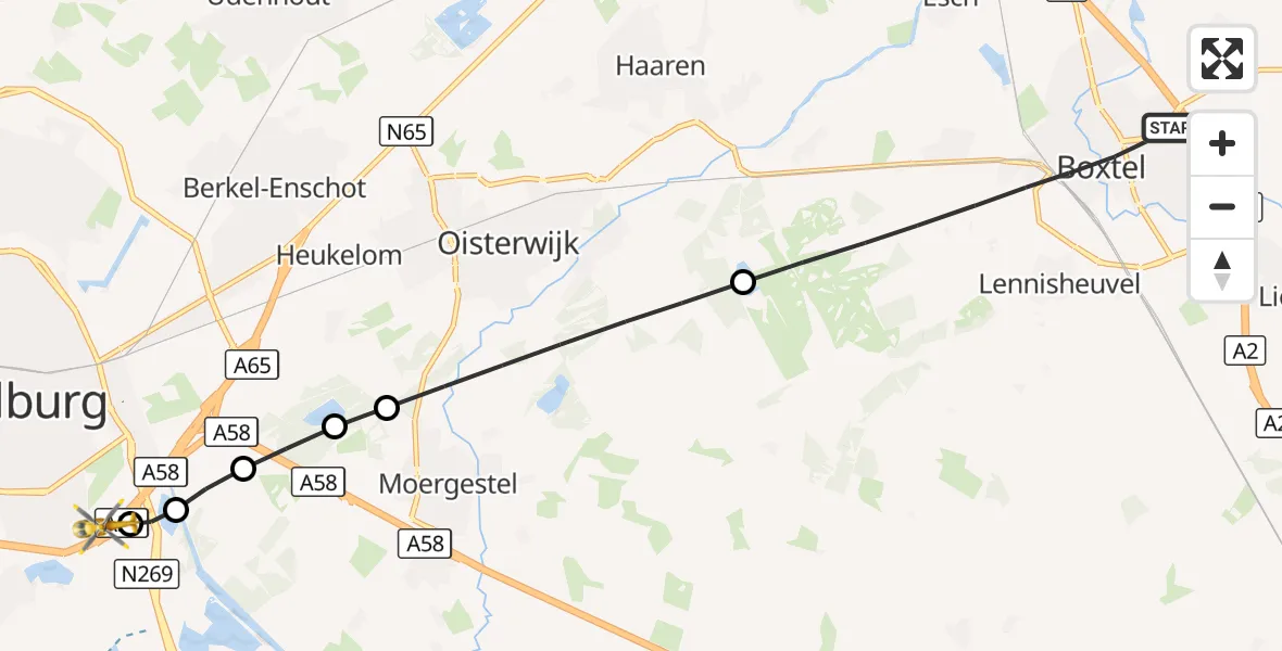 Vluchtroute Traumahelikopter Boxtel - St. Elisabeth Hospital Heliport, 13 september 2026, 20:55