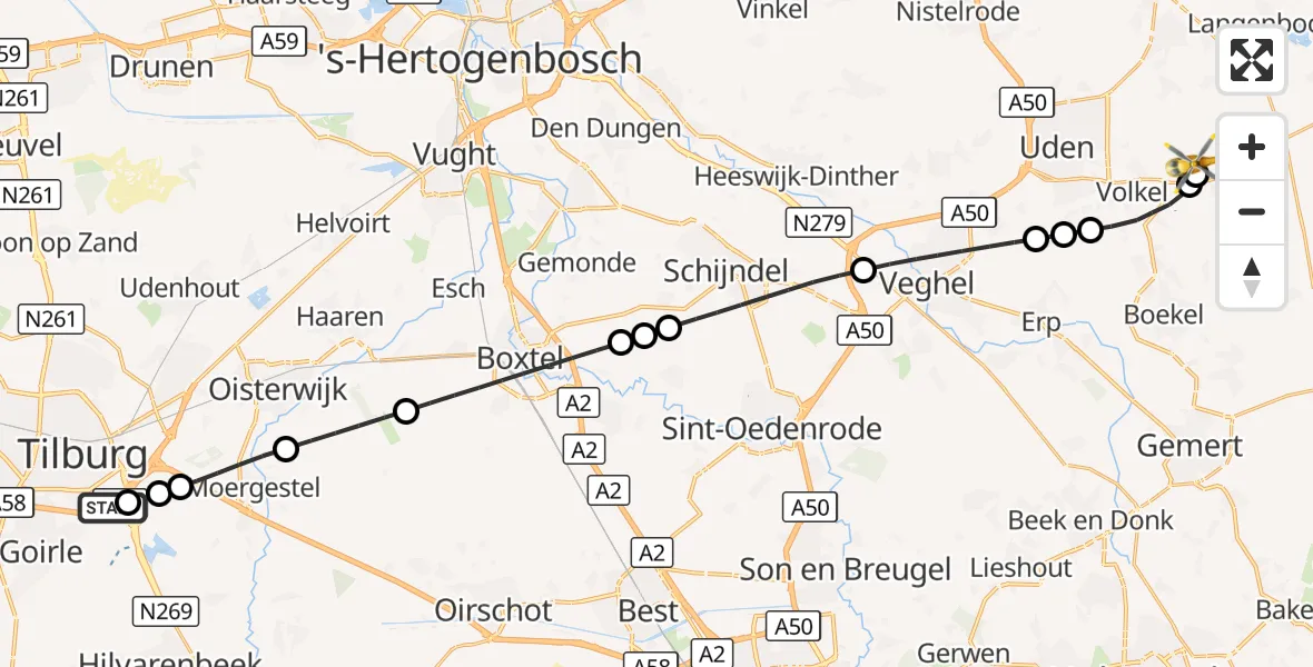 Vluchtroute Traumahelikopter St. Elisabeth Hospital Heliport - Vliegbasis Volkel, 13 september 2026, 21:30