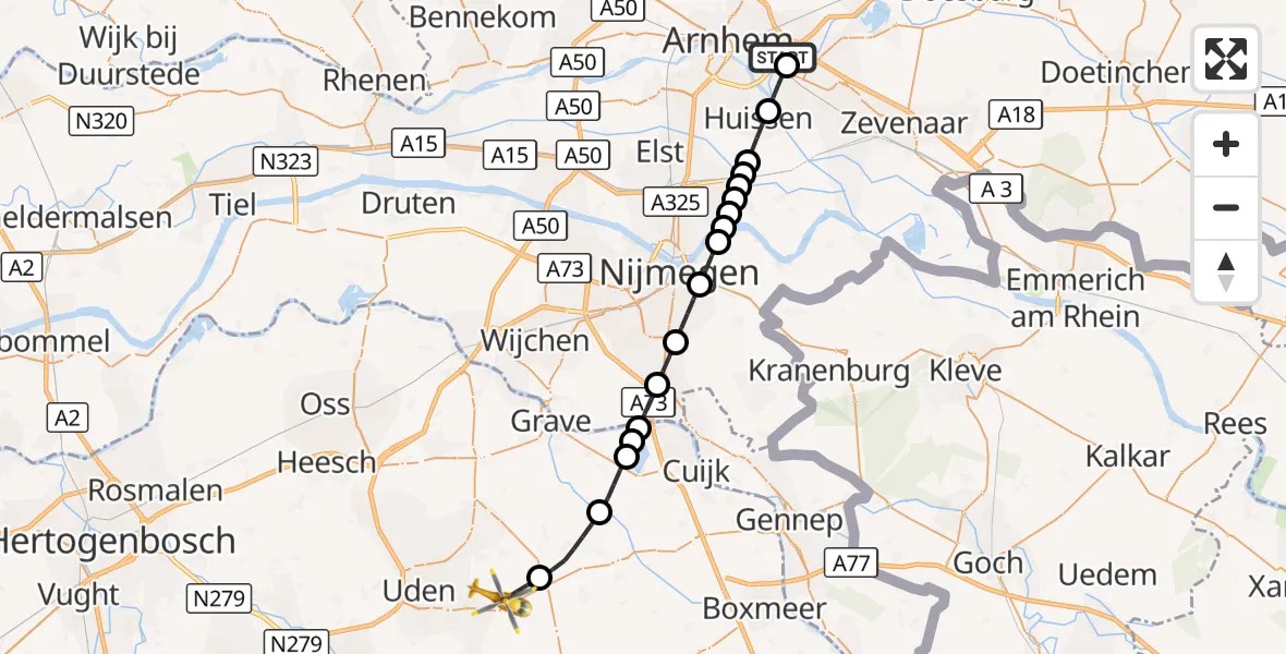 Vluchtroute Traumahelikopter Arnhem - Vliegbasis Volkel, 14 september 2026, 05:23
