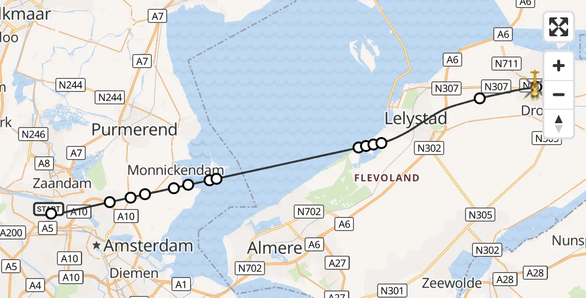Vluchtroute Traumahelikopter Amsterdam Heliport - Dronten, 14 september 2026, 06:10