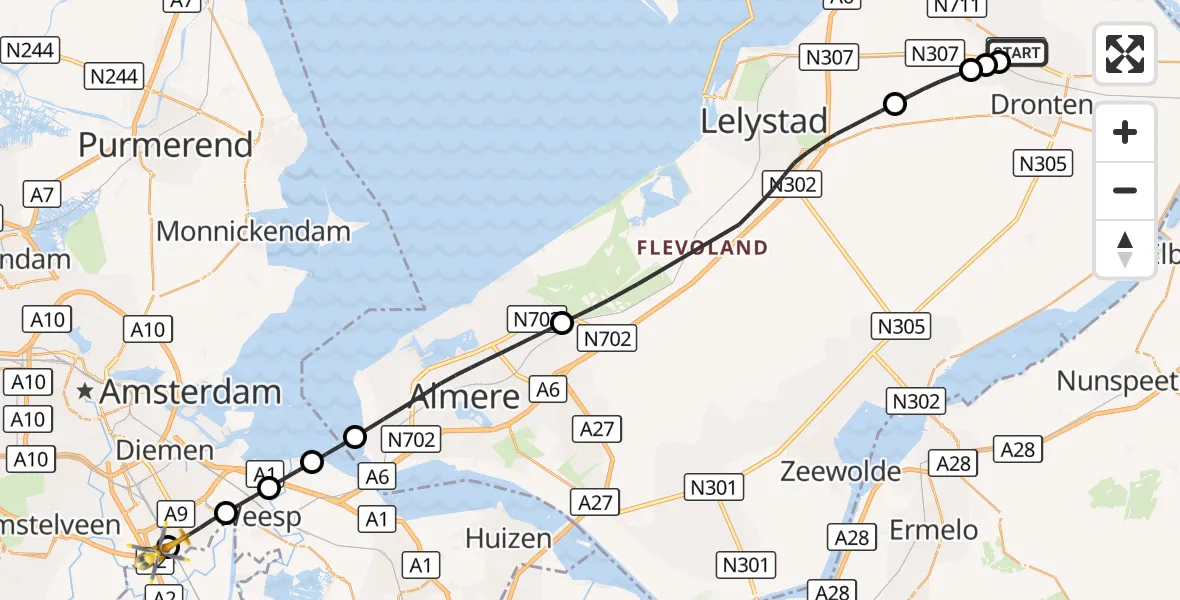 Vluchtroute Traumahelikopter Dronten - Amsterdam UMC Helipad, 14 september 2026, 06:38