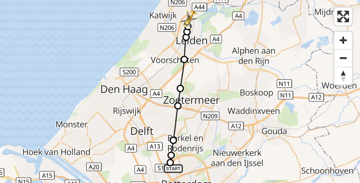 Vluchtroute Traumahelikopter Rotterdam The Hague Airport - Oegstgeest, 14 september 2026, 08:05