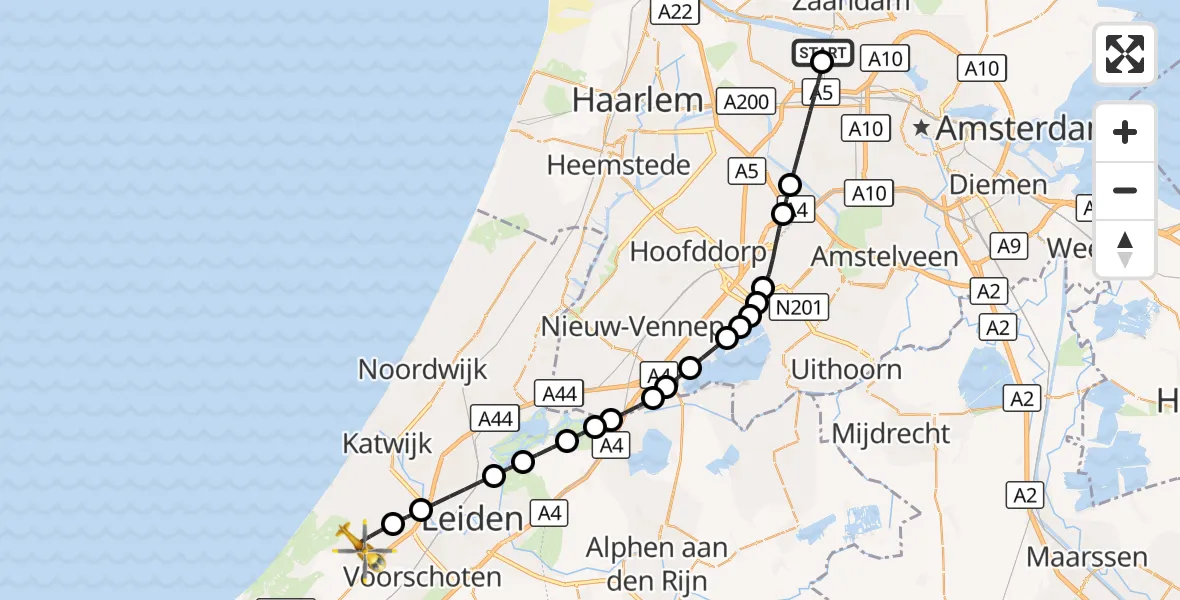 Vluchtroute Traumahelikopter Amsterdam Heliport - Wassenaar, 14 september 2026, 08:34