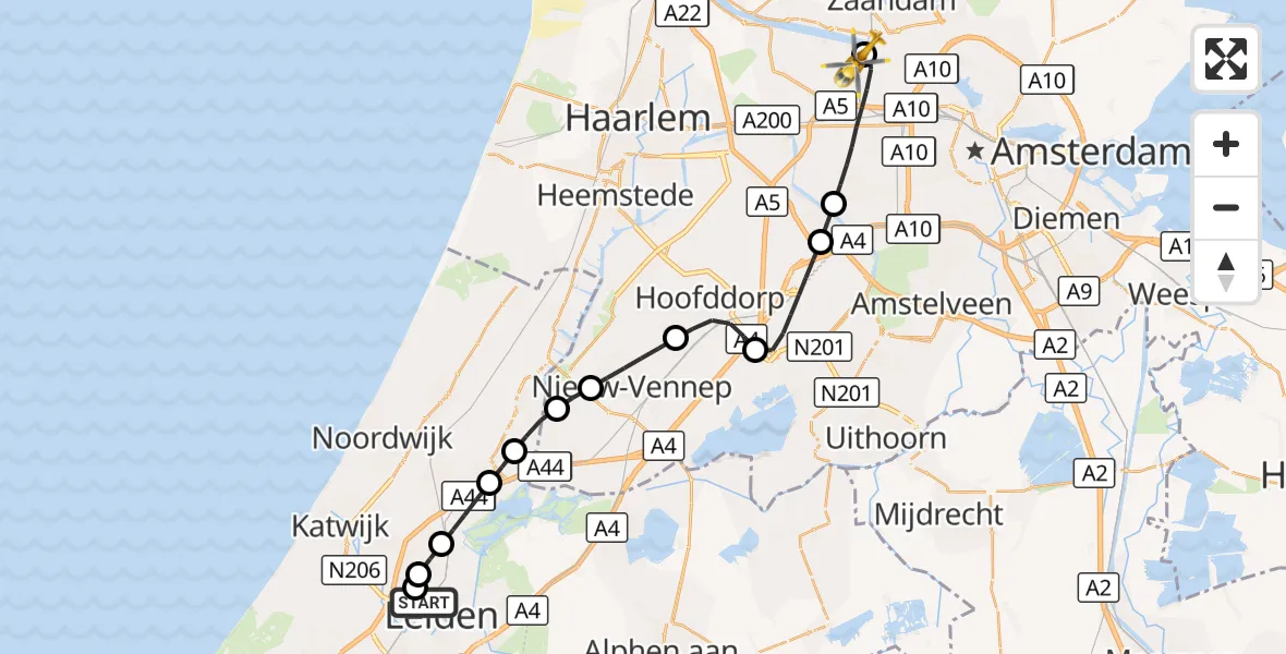 Vluchtroute Traumahelikopter Leids Universitair Medisch Centrum (LUMC) - Amsterdam Heliport, 14 september 2026, 09:41