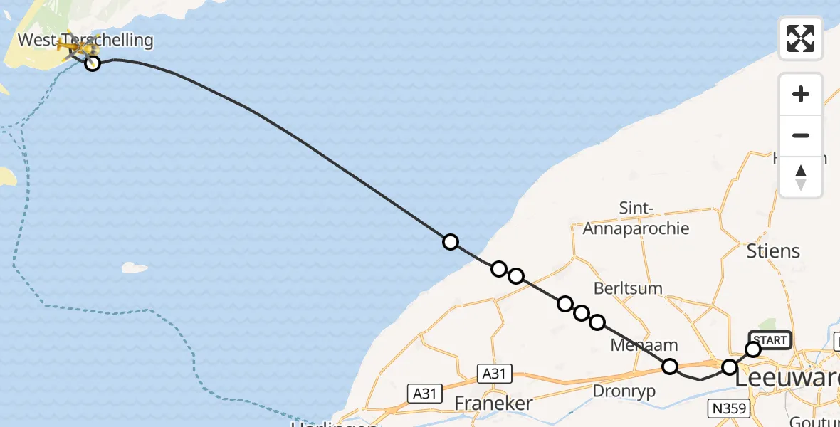 Vluchtroute Ambulancehelikopter Vliegbasis Leeuwarden - West-Terschelling, 14 september 2026, 12:39