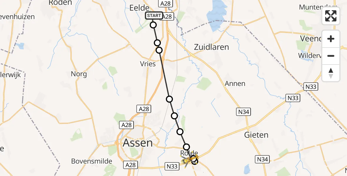 Vluchtroute Traumahelikopter Groningen Airport Eelde - Rolde, 14 september 2026, 15:42