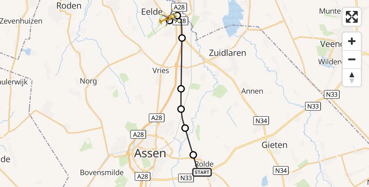 Vluchtroute Traumahelikopter Rolde - Groningen Airport Eelde, 14 september 2026, 16:04