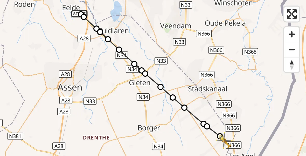 Vluchtroute Traumahelikopter Groningen Airport Eelde - Valthermond, 14 september 2026, 16:30