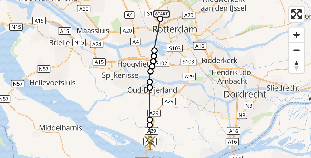 Vluchtroute Traumahelikopter Rotterdam The Hague Airport - Numansdorp, 14 september 2026, 16:37