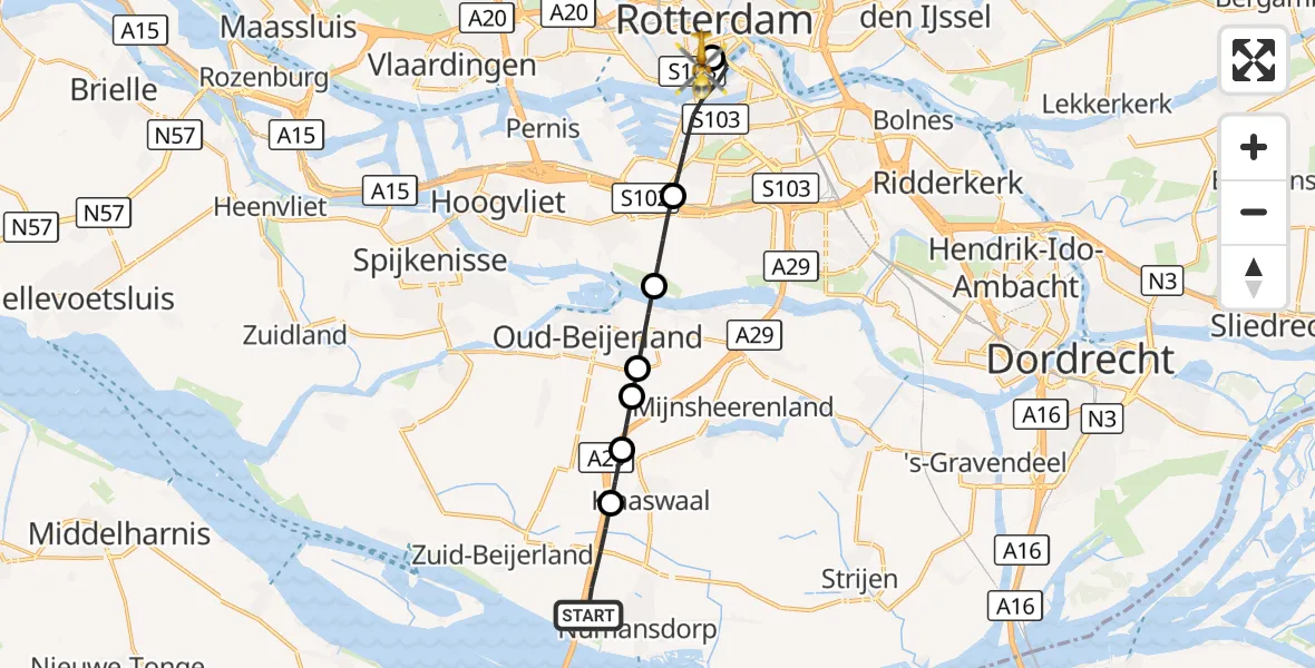 Vluchtroute Traumahelikopter Numansdorp - Erasmus MC, 14 september 2026, 16:59