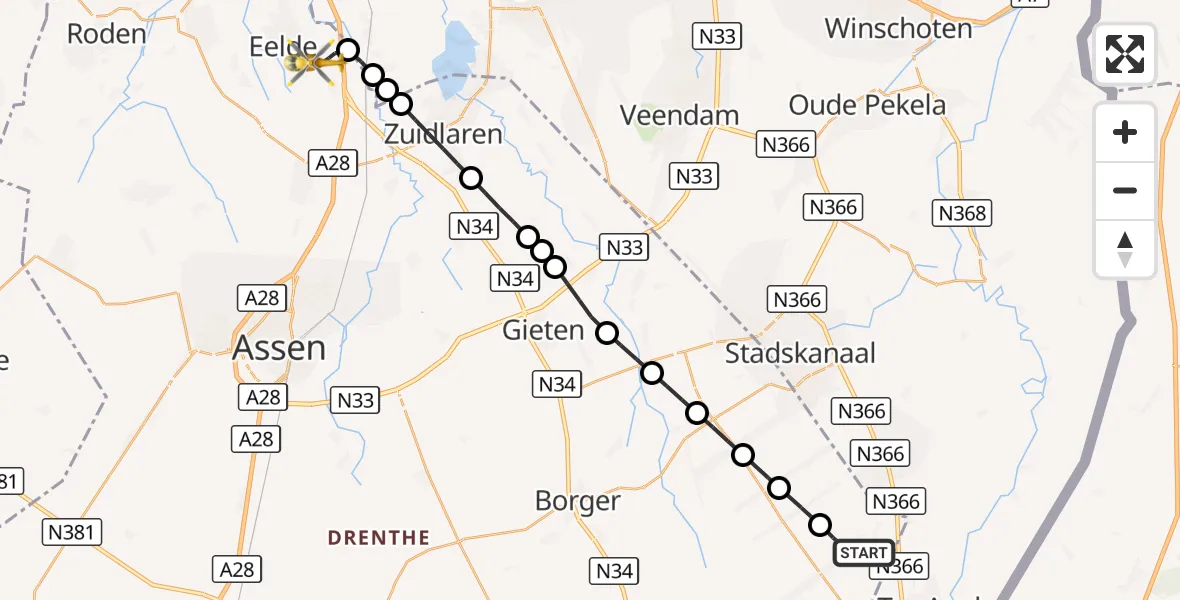 Vluchtroute Traumahelikopter Valthermond - Groningen Airport Eelde, 14 september 2026, 17:16